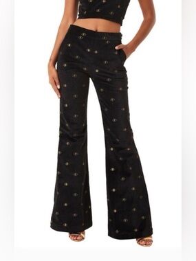 MISA Los Angeles Velvet Flare Pants Evil Eye Print XS Black Gold Boho Chic